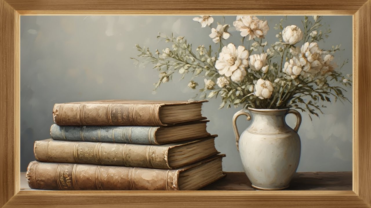 Arte para TV | Jarrón con flores y libros 🌿📚 | Cuadro enmarcado relajante (Loop)