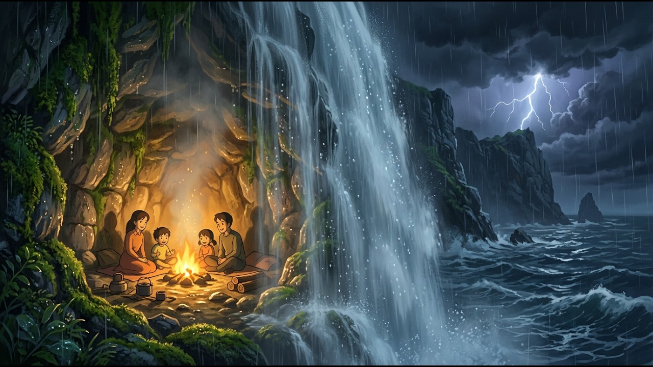 Heartwarming Cave Survival Behind a Waterfall 🌧️ Cozy Family Shelter & Rain Sounds ASMR