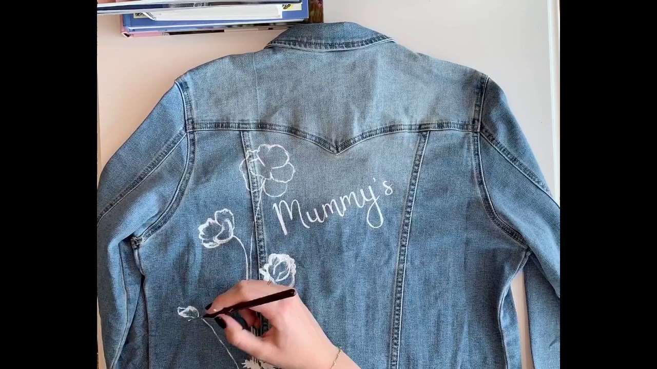 Hand Painted Denim Jacket With Pink Poppies And Sweet pea Flowers