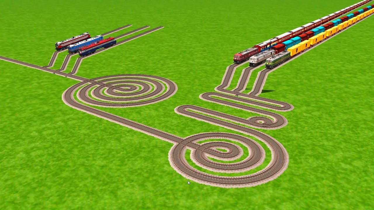 SIX TRAINS CROSSING ON THE ZIGZAG AND CRAZY ROUND CIRCLES RAILROAD TRACKS | Train Simulator game 