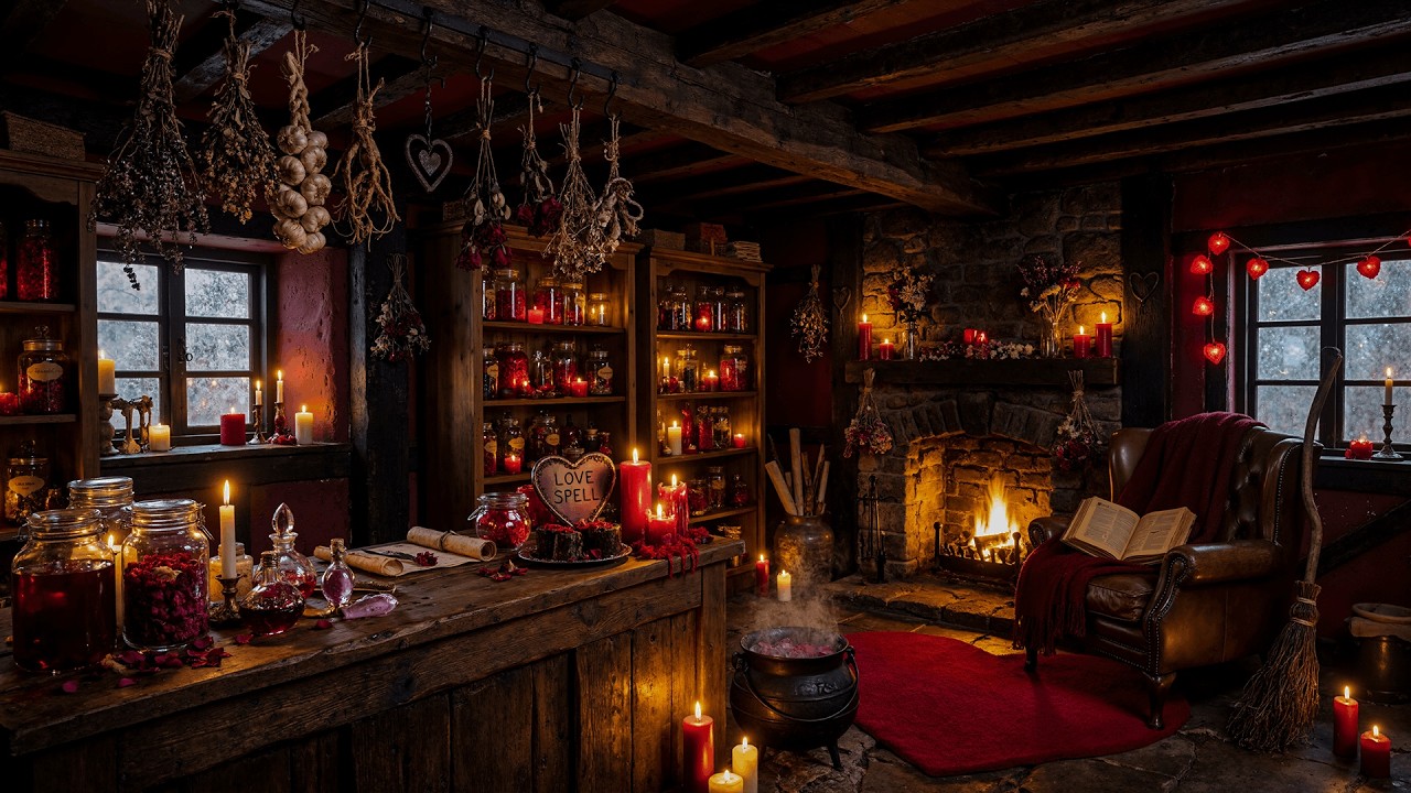 VALENTINES DAY | WITCH SHOP AMBIENCE with BUBBLING CAULDRON - COZY FIRE SOUNDS