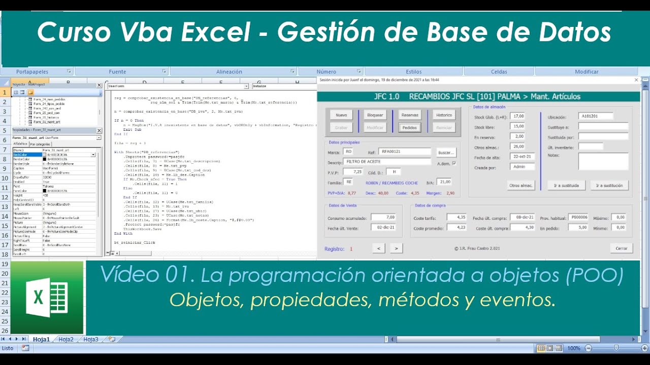 Curso Vba Excel -1 Programación orientada a objetos (POO). Objetos, propiedades, métodos, eventos.