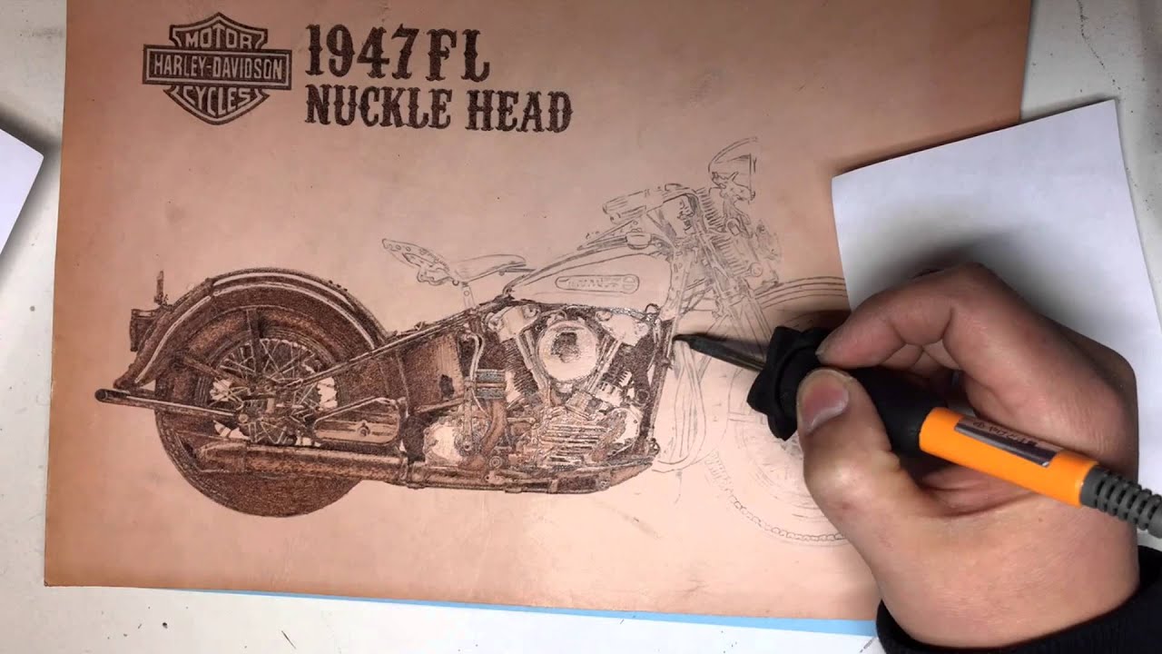 LEATHER BURNING HARLEY DAVIDSON 1947FL NUCKLEHEAD -Pyrography Art-