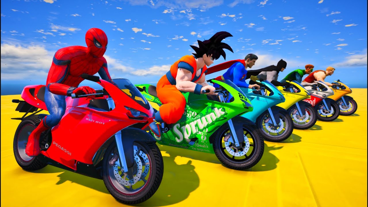 الأبطال الخارقين على القضبان دوامة قمع جسر SPIDER MAN!on Motorcycle in Spiral Bridge Stunt Ride