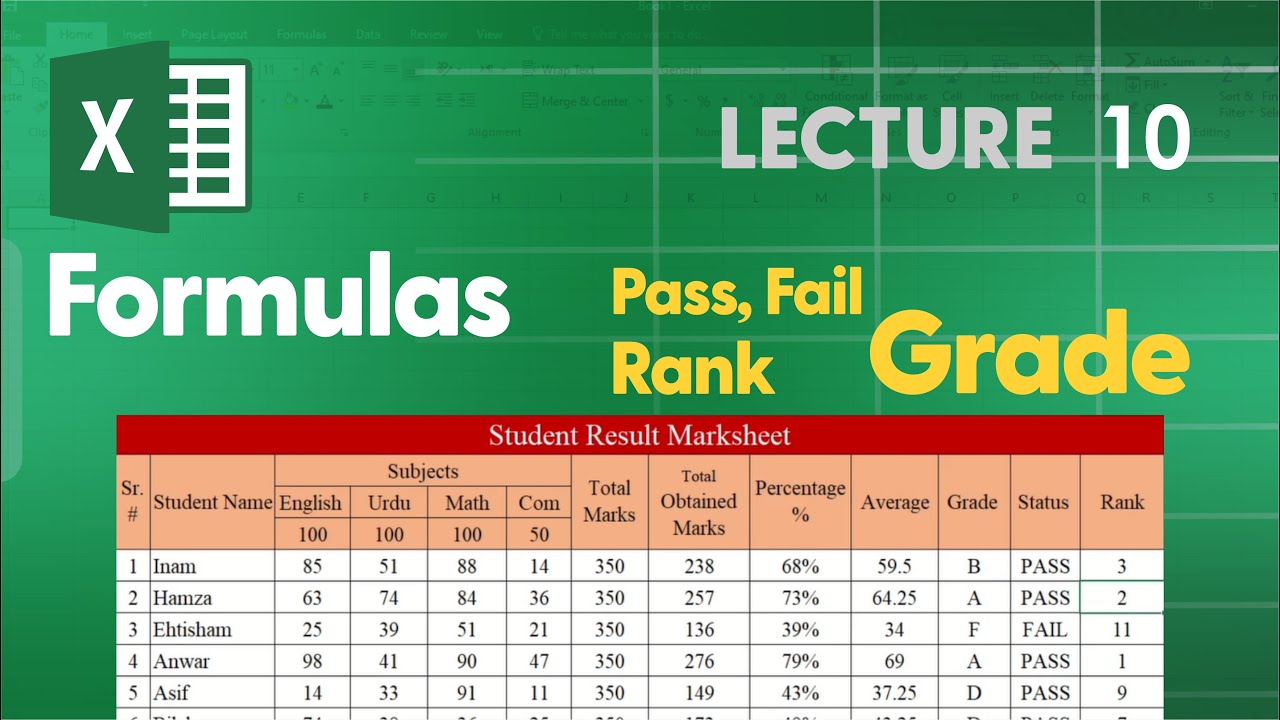 Lecture 10 | Microsoft Excel | Formulas (Grade, Pass/Fail, Rank... | Taj Institute | Urdu/Hindi