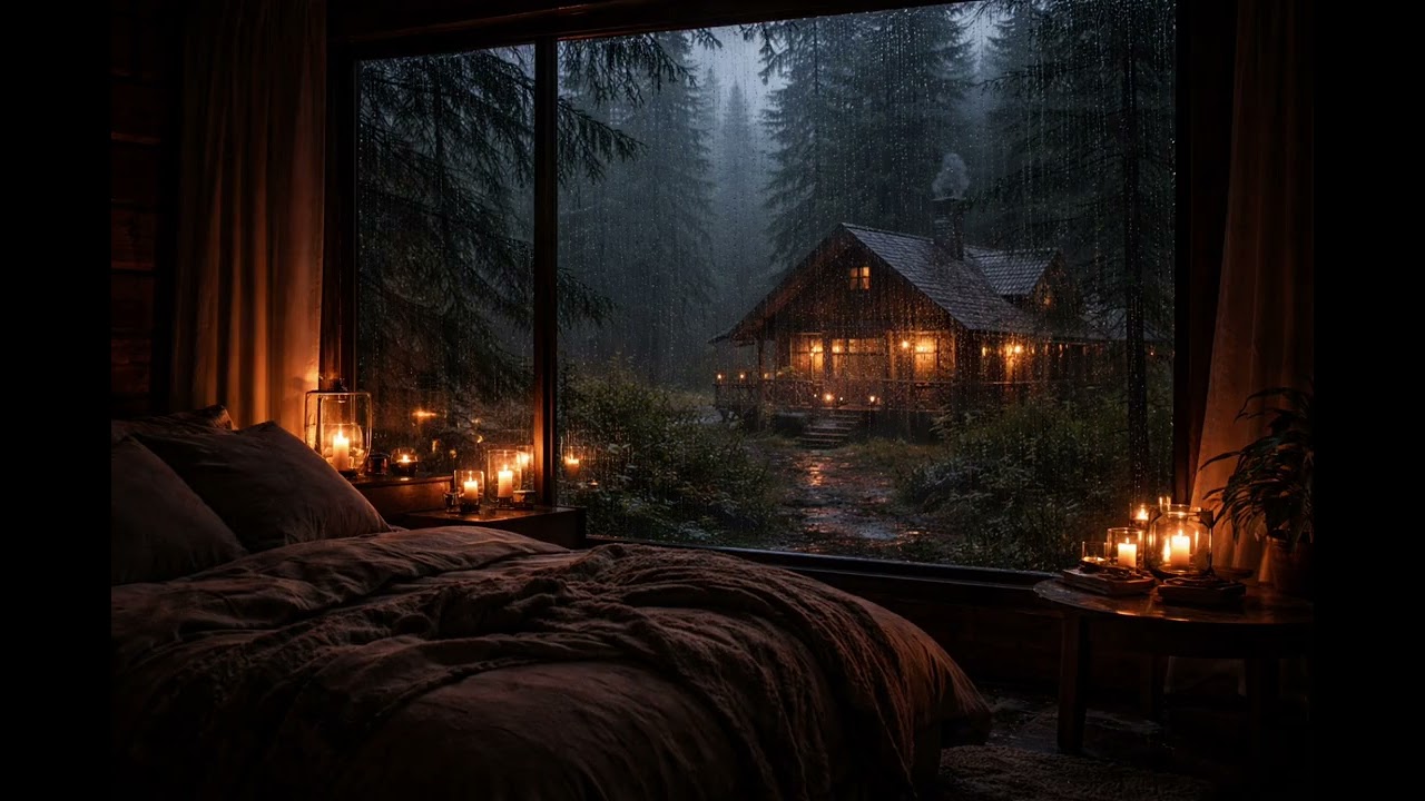 1 Hour of Rain on a Forest Cabin | Cozy Night Ambience.  