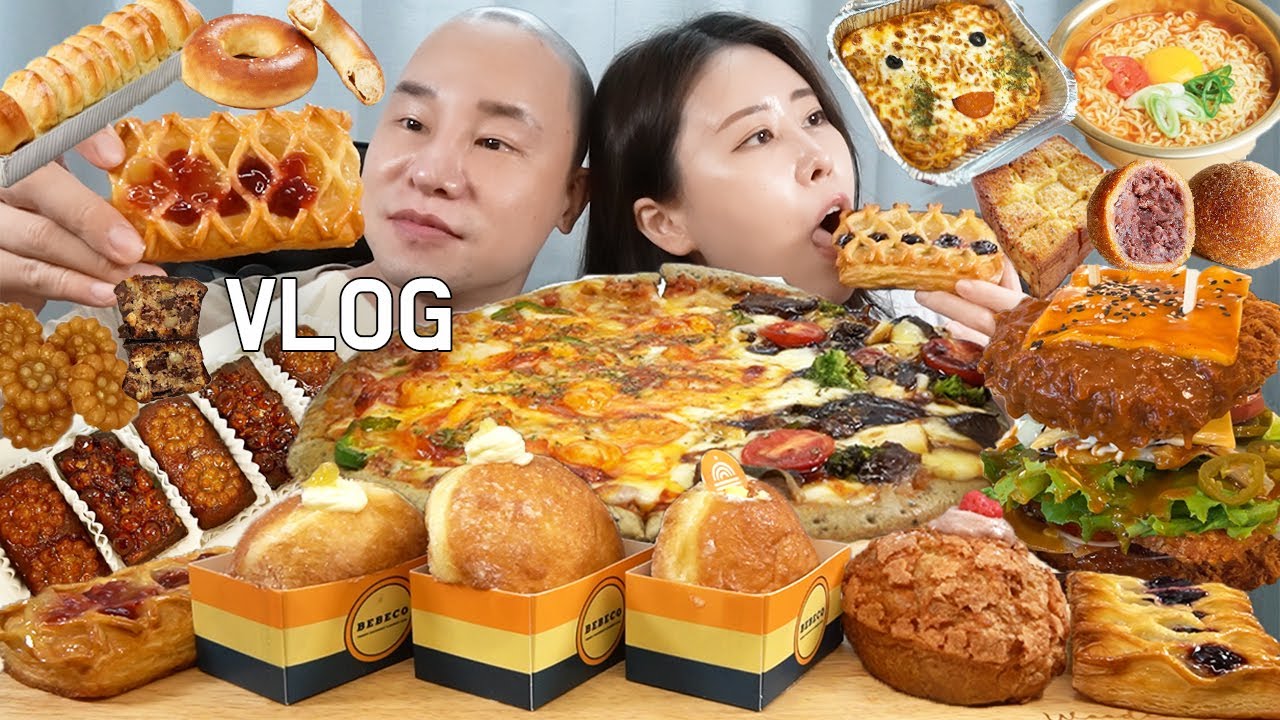 [먹방브이로그]남들 일주일 동안 먹을 탄수화물 이틀 만에 뿌시기 (쉬림플렉스, 갈릭스테이크피자, 돌체 약과휘낭시에, 수제함박돈까스, 도넛, 쿠키슈,파이,빵,라면)