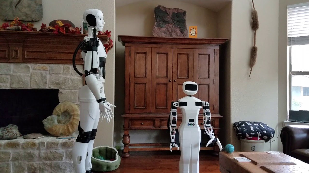 Poppy Robot shows Isaac Inmoov her new solid body. 3D printed