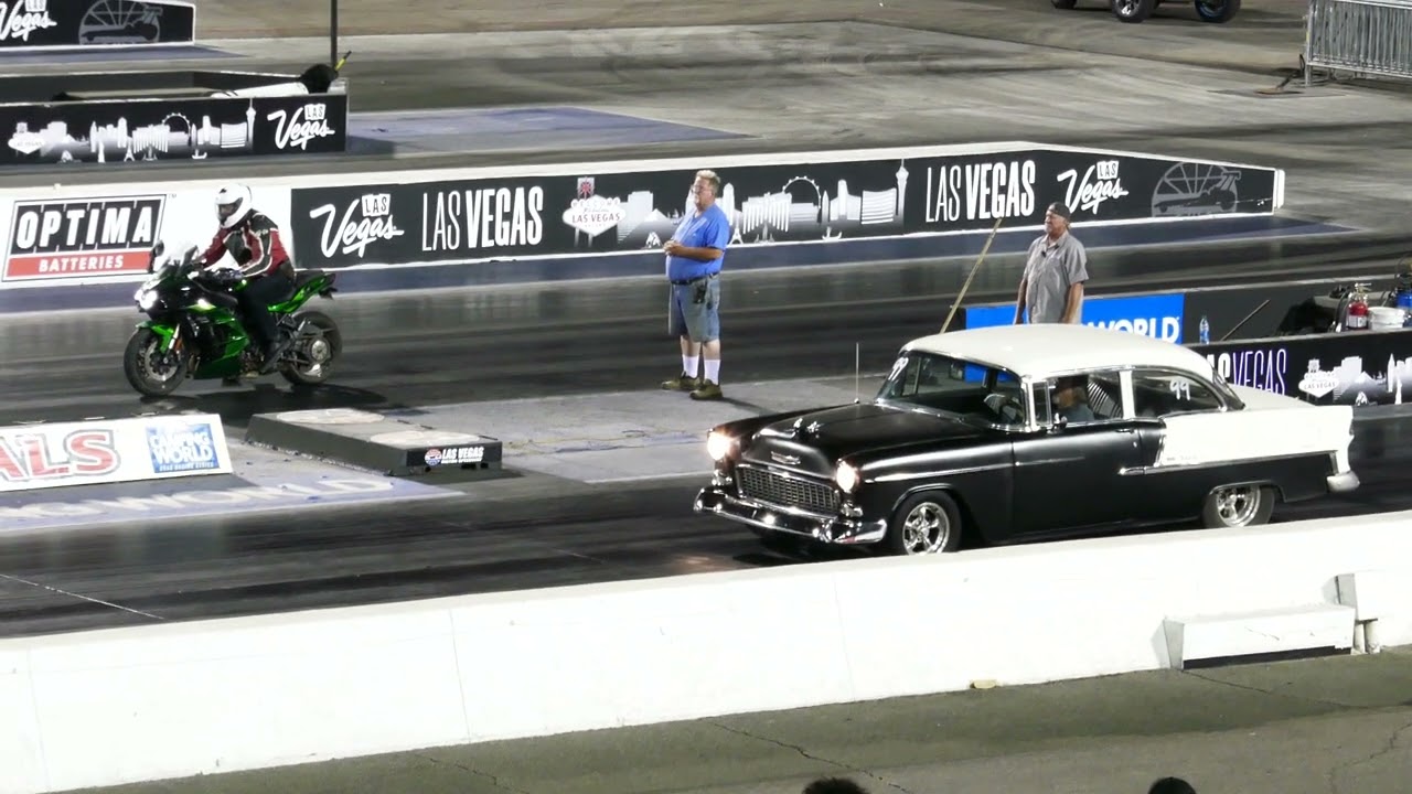 Green Kawasaki Ninja H2 SX Vs. Classic 1955 Chevy Bel-Air Drag Race - Las Vegas 6-2-2023 - 4K UHD