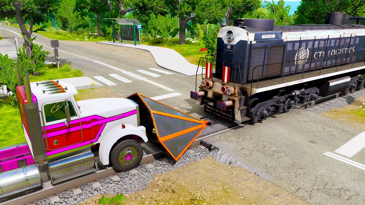 Double Flatbed Trailer Truck vs Speedbumps Train vs Cars | Tractor vs Train Beamng.Drive