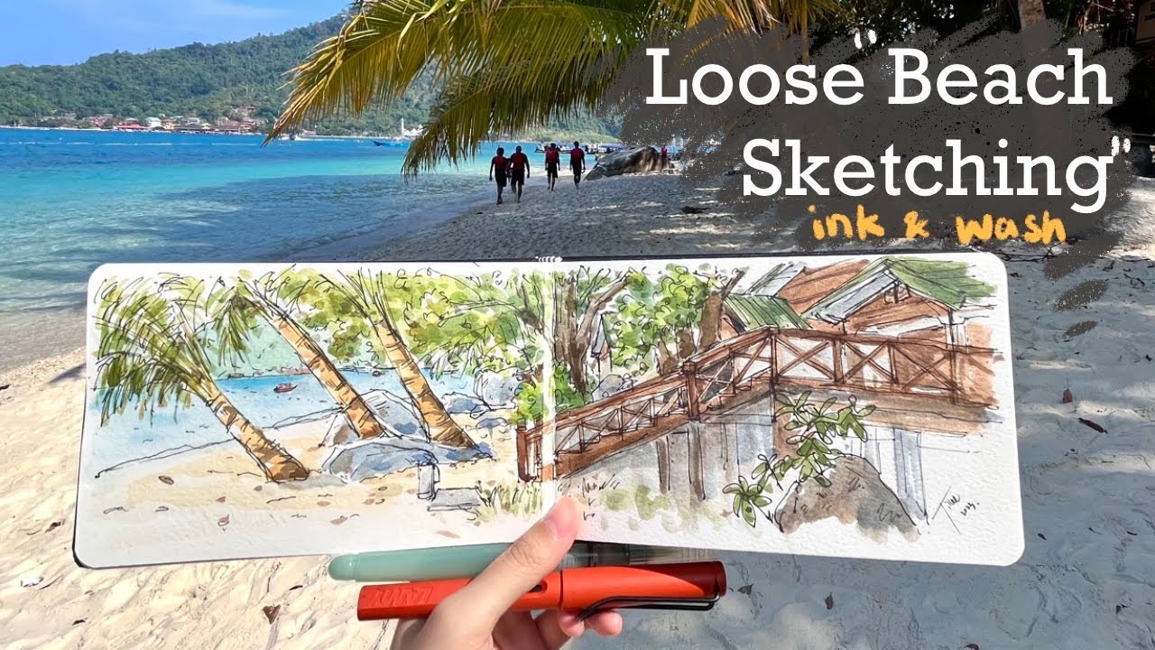 One brush, one pen sketching by the beach l Plein air ink and watercolor sketch