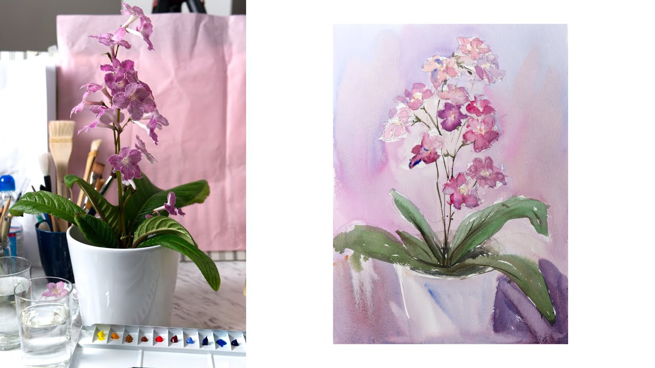 🌺🎨Painting indoors with Pencil and Watercolor  -  Demonstration of Sketching flowers in a pot