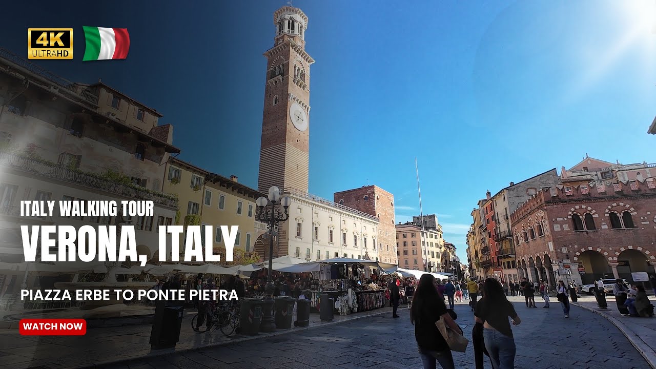 Verona, Italy Walking Tour | 4K City Walk | Piazza Erbe to Ponte Pietra via the Adige River