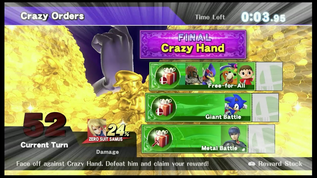 SSB4: Crazy Orders +50 turns (Zero Suit Samus)
