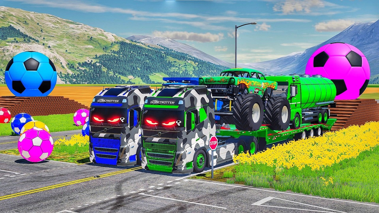 Transporting With COLORS - SCANIA MIXER TRUCK and MAN DUMP TRUCK with VOLVO FLATBED TRAILER TRUCK