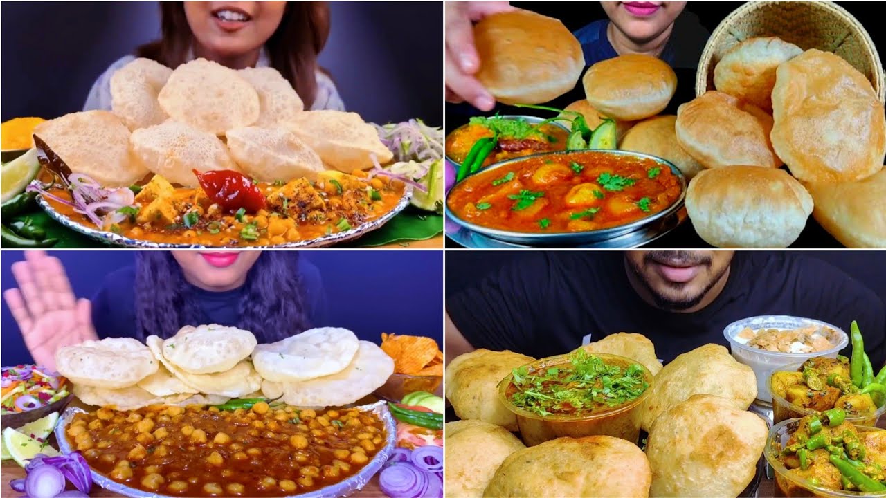 Asmr Eating Soft Puri with Spicy🔥Aloo ki Sobji Ghugni 🔥Chole Masala Dam Aloo Green Salad 🥗 😋 Mukbang
