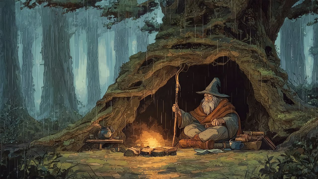 Ancient Oak Sanctuary - Cozy Wizard Ambience with Rain & Campfire Sounds for Study & Sleep