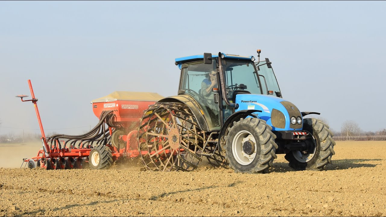 Landini Powerfarm 85 e seminatrice Gaspardo Pinta 4,5 m. trainata [FHD]
