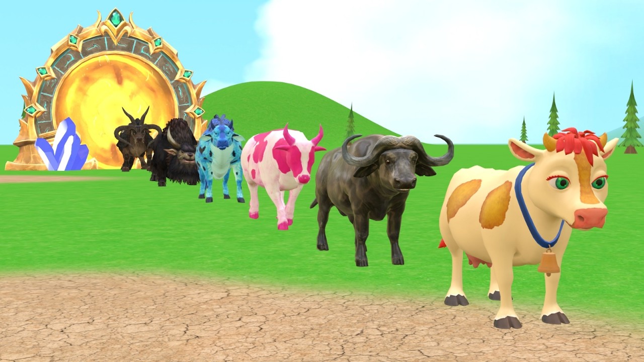 Paint Animals Cow Cartoon Yak Bison Bull Ox African Buffalo Fountain Crossing Animal Transformation