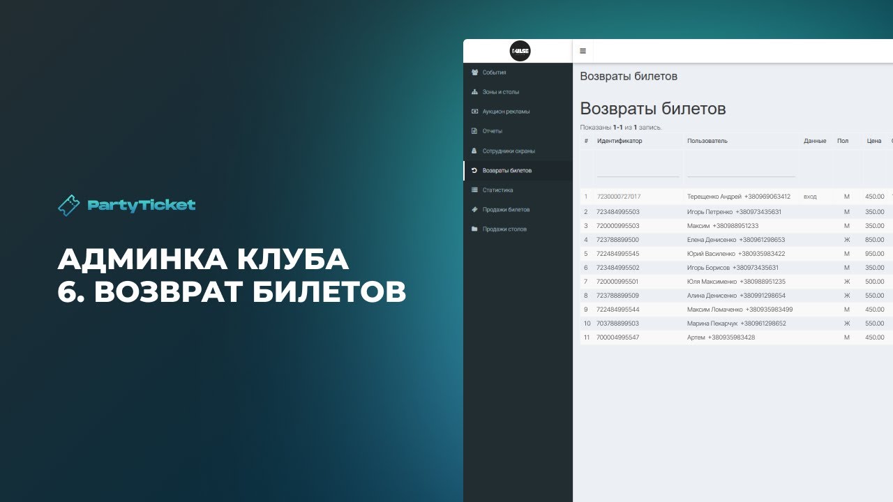 Админка клуба 6 Возврат билетов | PartyTicket #билеты #ticket