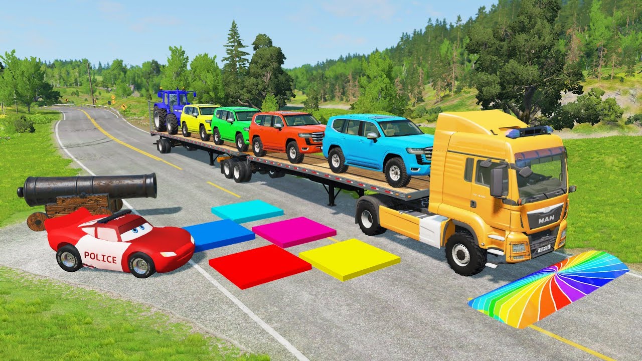 Flatbed Truck McQueen | Transportation with Truck - Pothole vs Car #13| BeamNG.Drive Gameplay