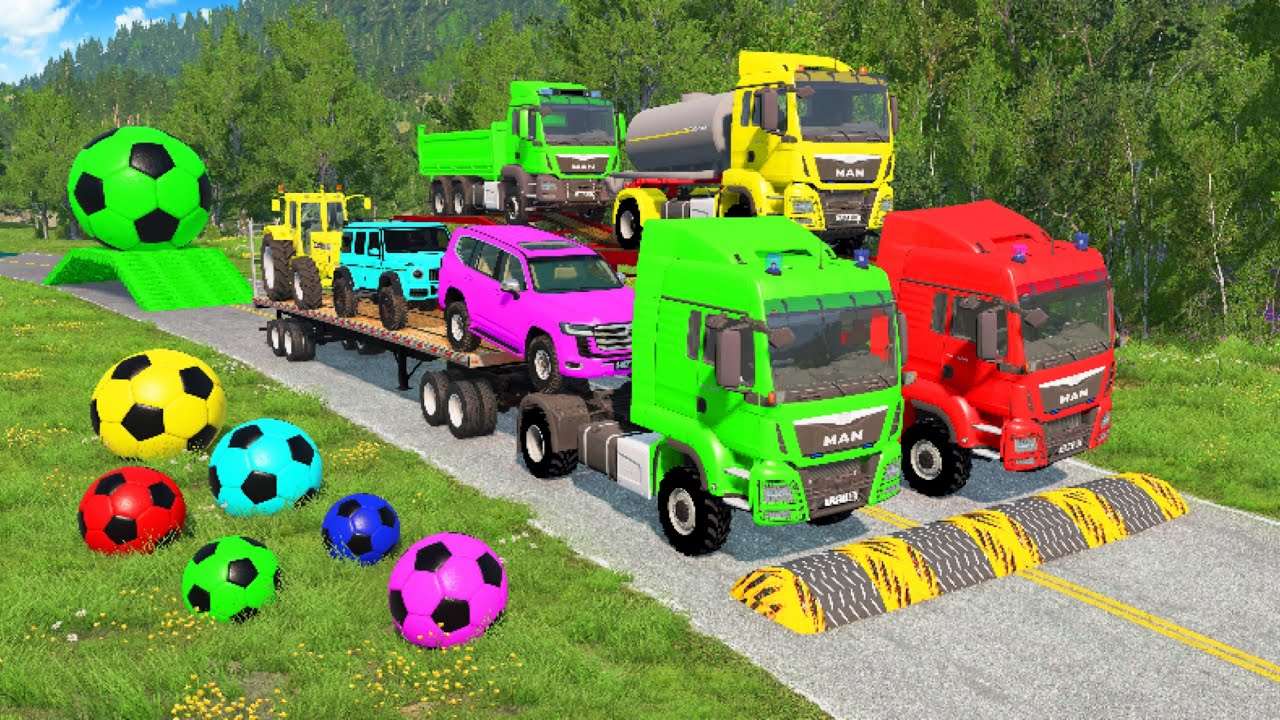 Flatbed Trailer McQueen Transportation with Truck - Speedbumps vs Cars vs Train - BeamNG.Drive #02