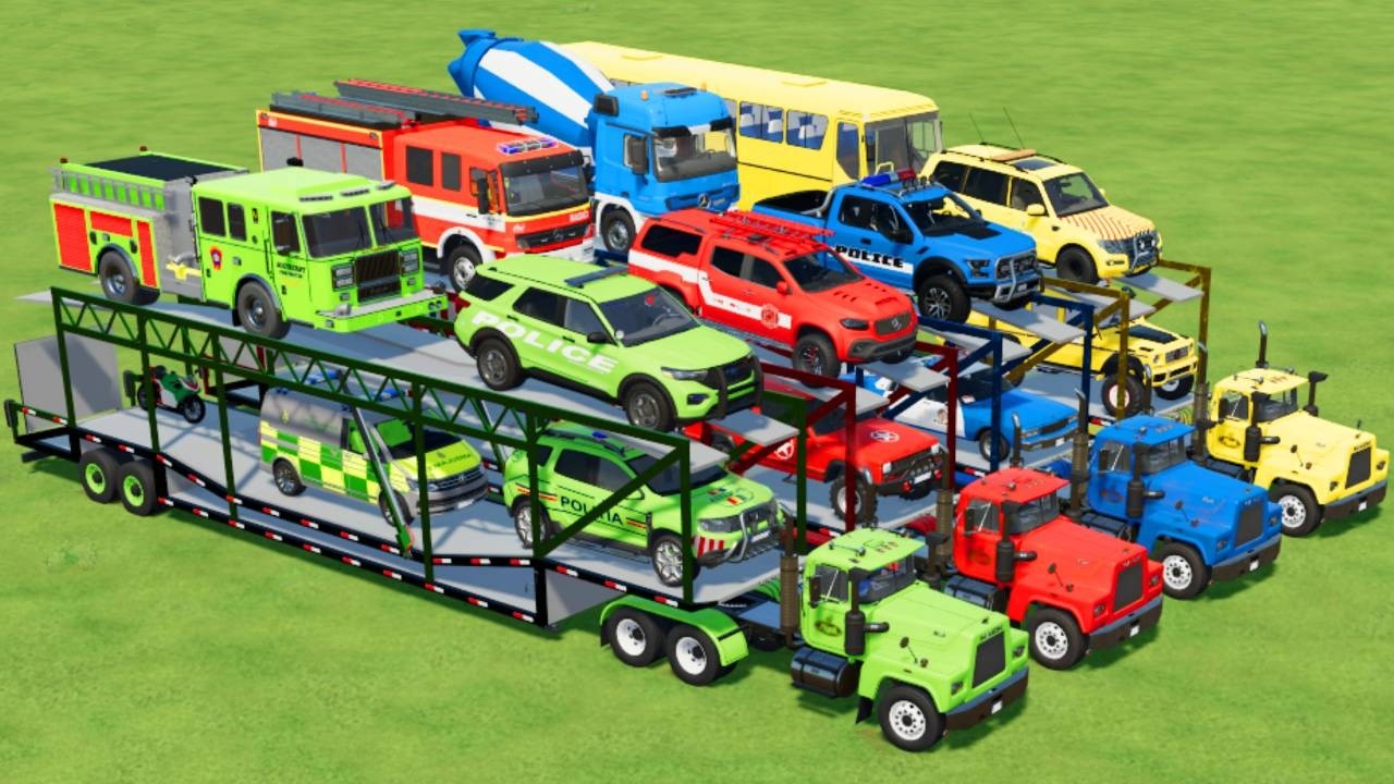 TRANSPORTING POLICE CARS, AMBULANCE, FIRE TRUCK, COLORFUL CARS WITH TRUCK  -FARMING SIMULATOR 22!