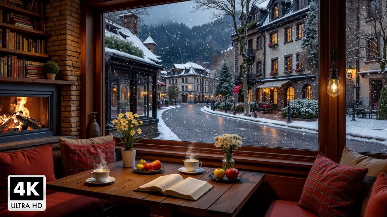 Cozy Winter Coffee Shop Ambience ~ Gentle Jazz Piano Music and Warm Fireplace Sounds for Relax