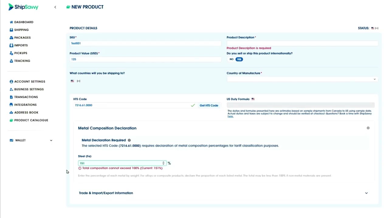Metal HTS Codes Feature inside ShipSavvy
