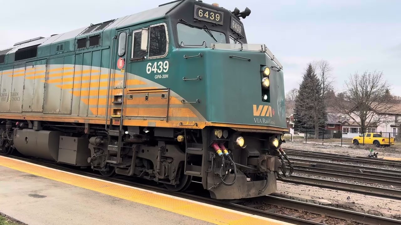 Via 72 arriving and departing Brantford station with F40PH duo
