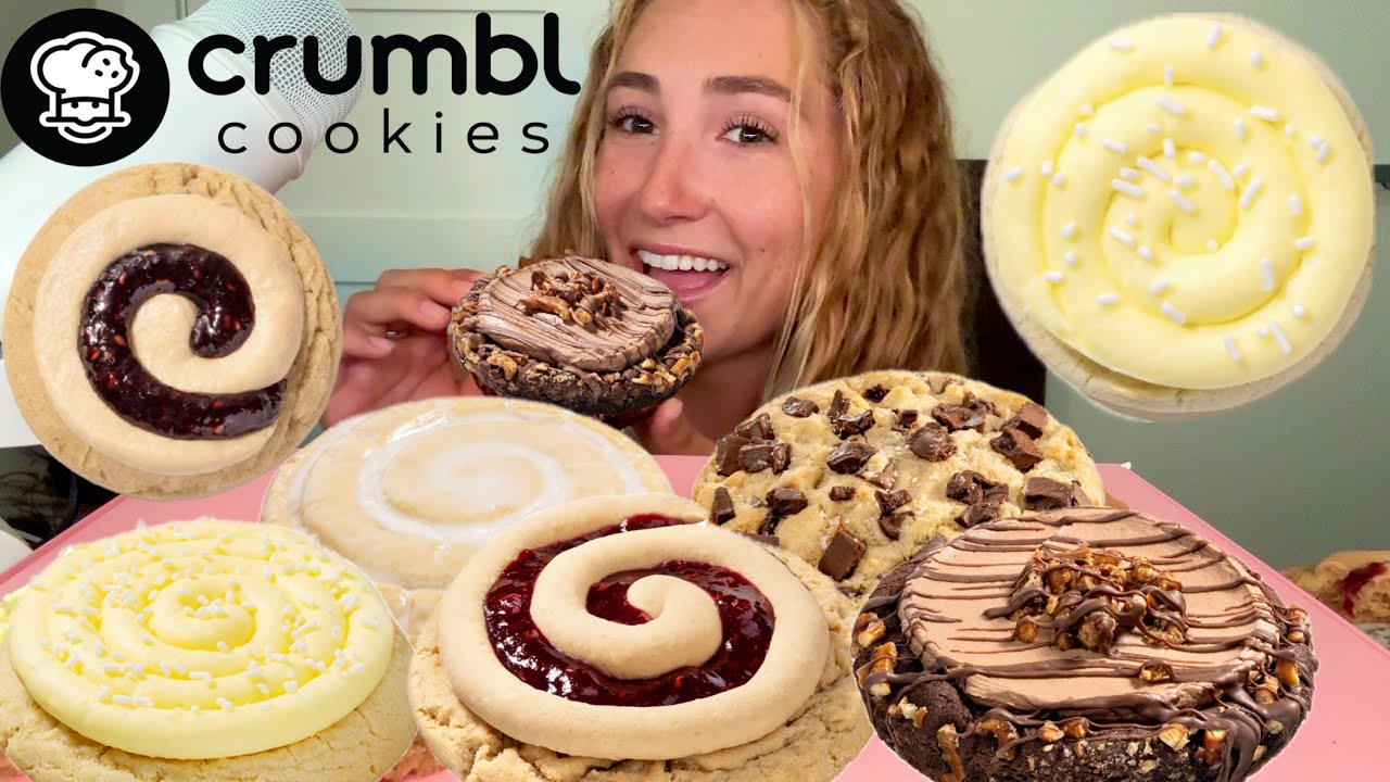 ASMR CRUMBL COOKIES taste test & mukbang | chocolate pretzel pie, peanut butter & jelly, honey bun