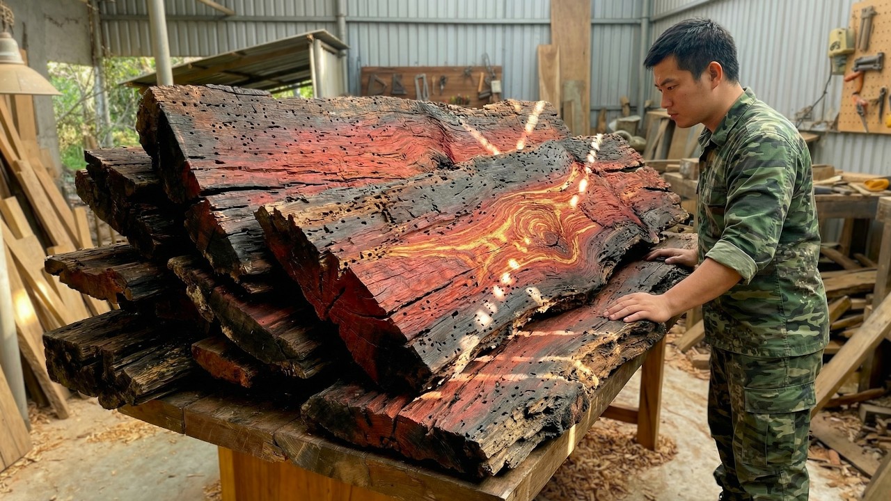 Nobody Wanted These Worm-Eaten Red-Black Wood Slabs… Until He Turned Them Into Something Amazing