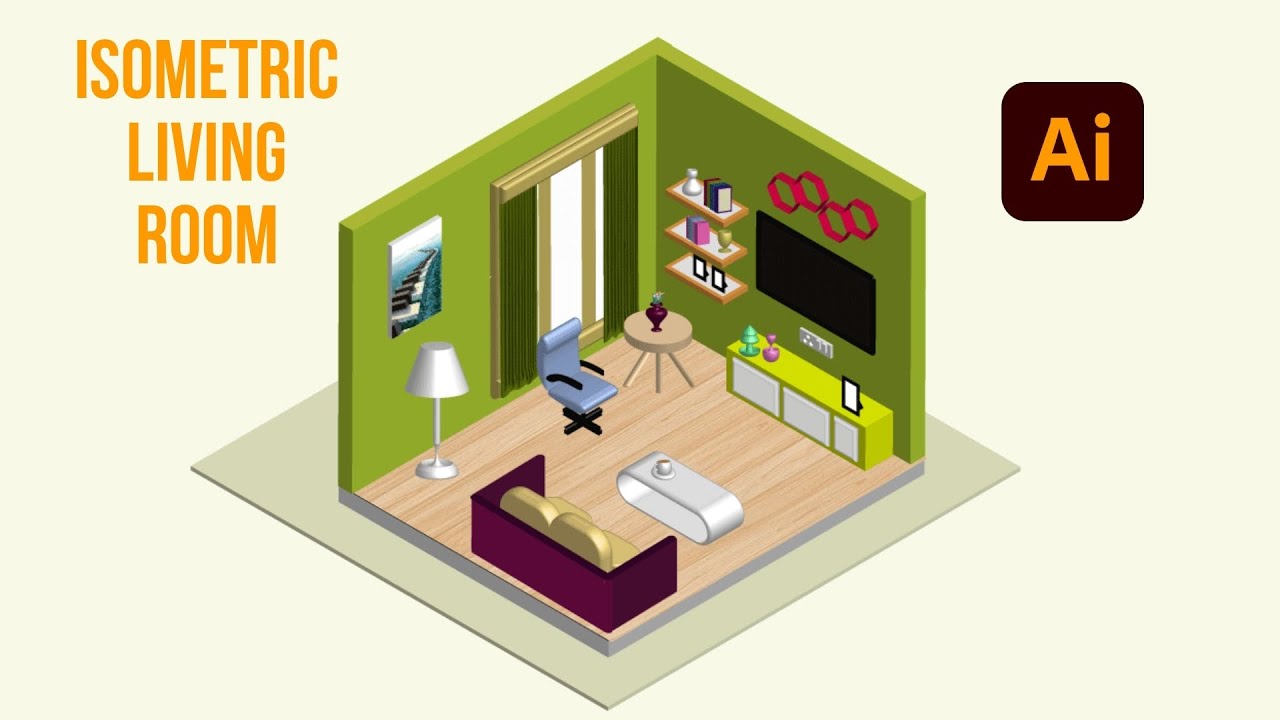 ISOMETRIC LIVING  ROOM in Adobe illustrator open inside interior architecture 3D