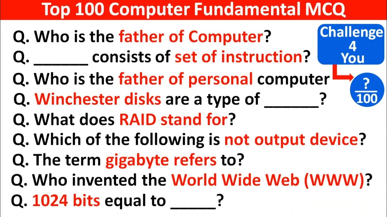 Top 100 Computer Fundamental MCQ | computer fundamental mcq (with questions, answer) #computermcq