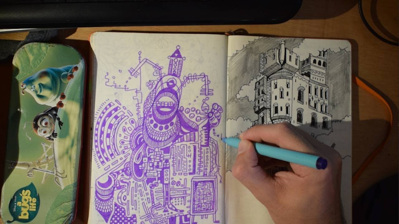 ASMR - Very quick drawing on my lunch break with pens from my Bug's Life tin