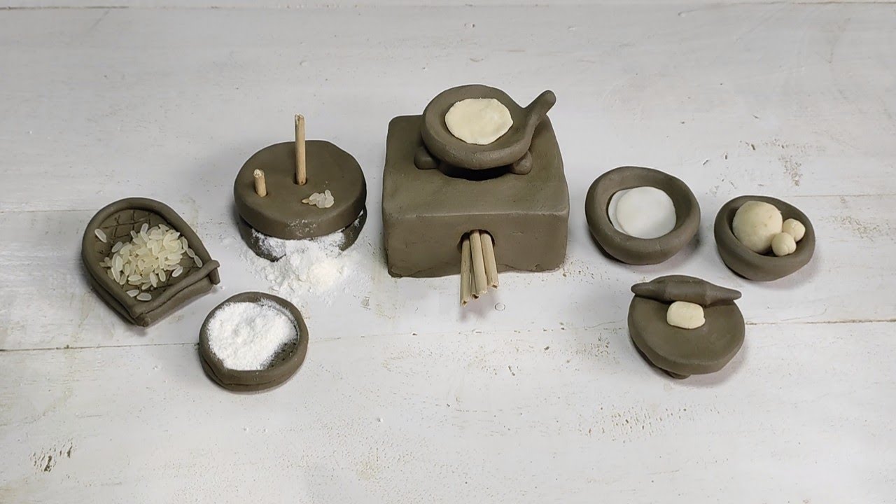 Primitive technique make realistic mini kitchen set with clay|miniature kitchen set|kitchen tools