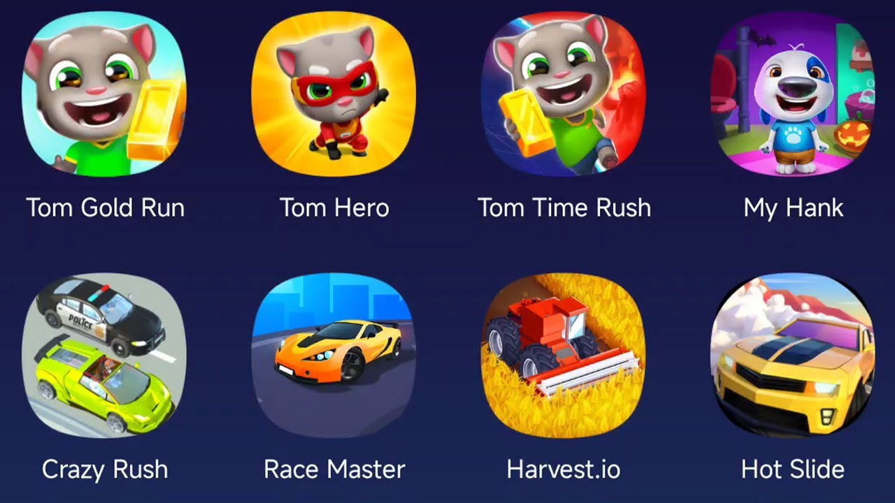 Tom Gold Run, Tom Hero, Tom Time Rush, My Hank, Crazy Rush, Racer Master, Harvest.io, Hot Slide