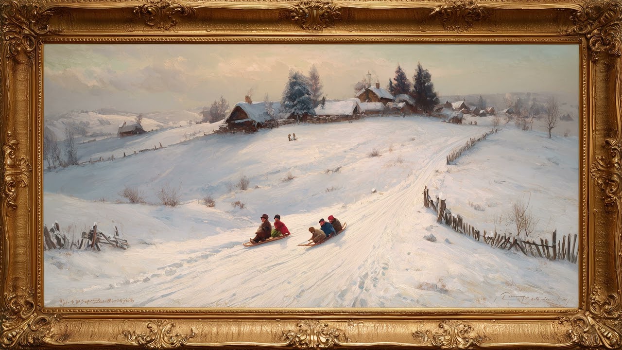 Nostalgic Children Riding Sleighs in the Countryside | Framed Art TV Wallpaper 4K