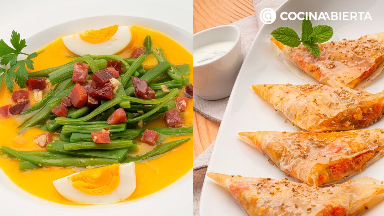 Judías verdes con puré de zanahoria - Samosas de pollo con salsa de yogur - Cocina Abierta