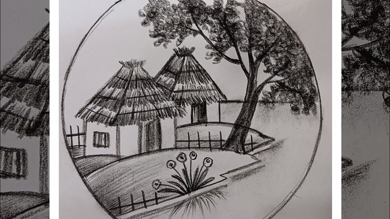 Very easy pencil sketch village scenery drawing 