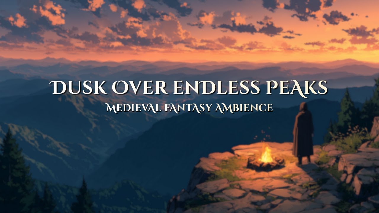 Medieval Fantasy Ambience | Lone Cloak at Cliff Campfire, Dusk over Endless Peaks • Relax & Study