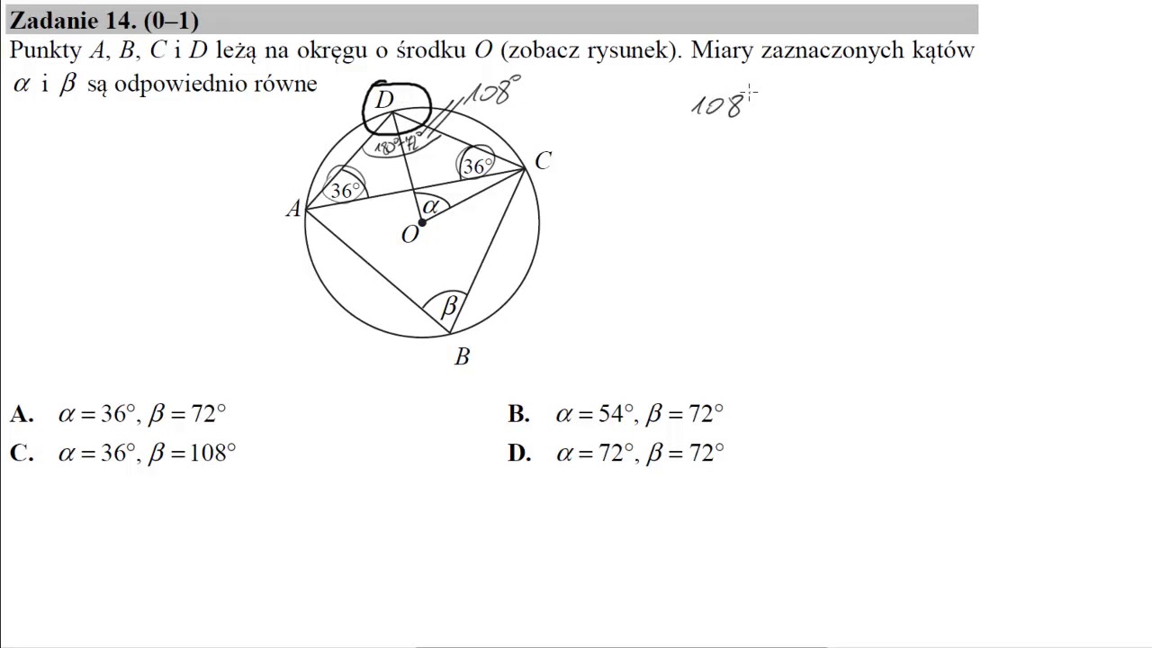 Matura czerwiec 2016 zadanie 14 Punkty A, B, C i D leżą na okręgu o środku O (zobacz rysunek). Miary