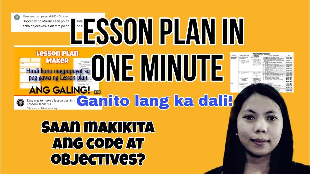 Saan makikita ang code at objectives na ginamit sa lesson planner?  Lesson plan in 1 minute.