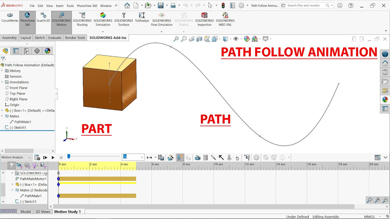 SolidWorks Motion Analysis Path Follow Animation (Path Mate)