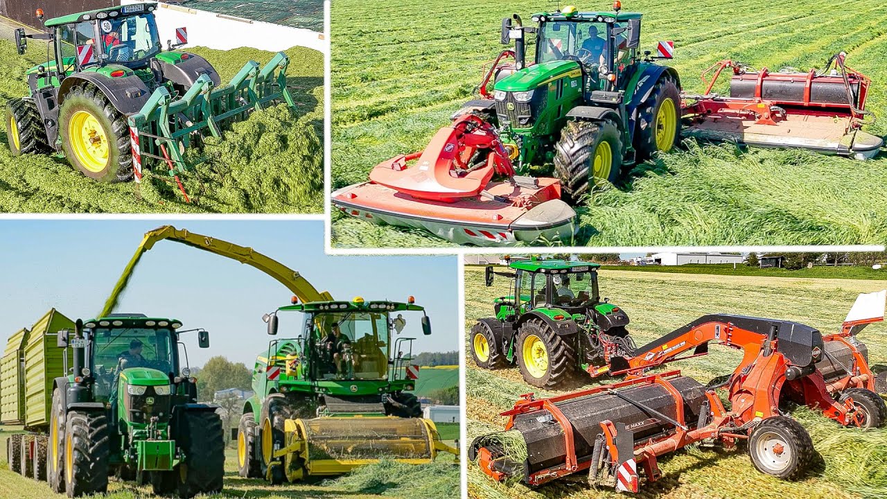 110 Hektar Grünroggen mähen, schwaden, häckseln, verdichten mit John Deere und Kuhn Landmaschinen