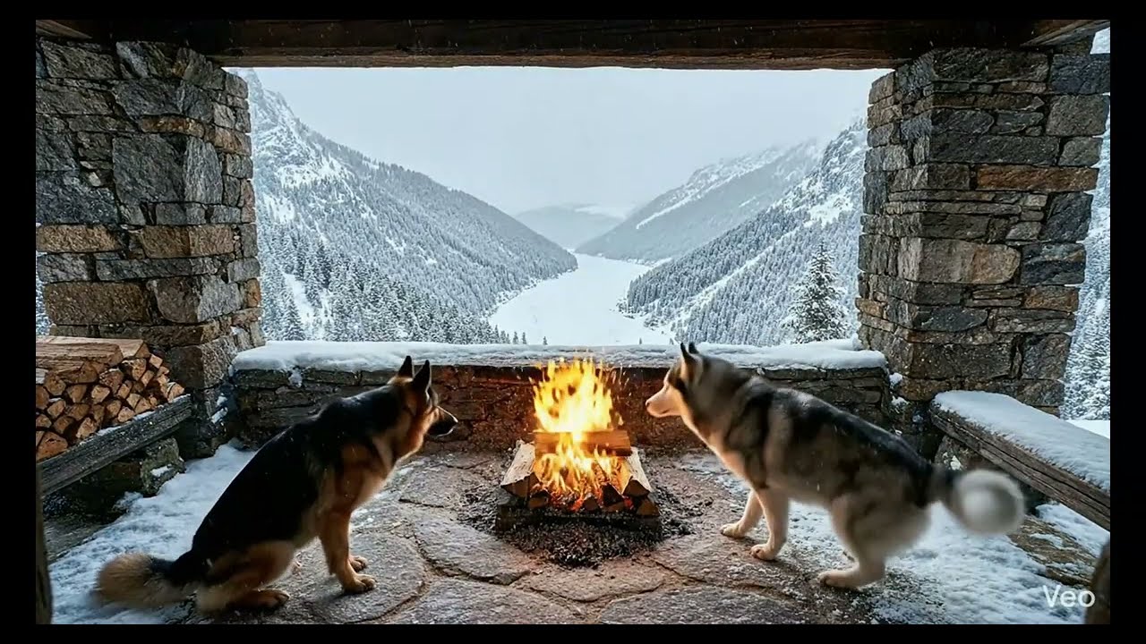 Quiet Winter at a Mountain Castle Snowfall & Loyal Dogs 4K Sleep Ambience ,winter fireplace ambience