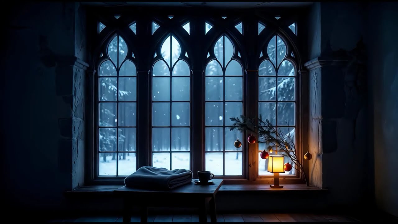 Snowy Forest View from Old Gothic Window: Winter Night Ambience| Gentle Snowfall & Cozy Piano