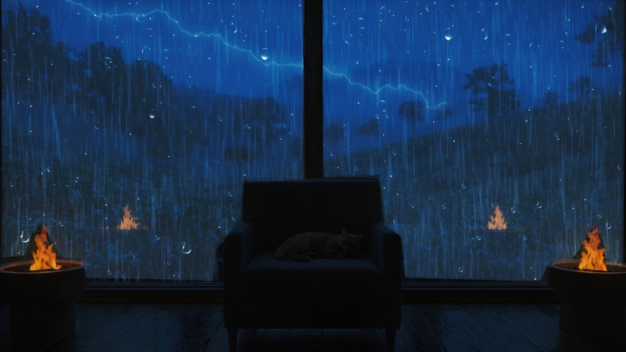 Calm Rain and Thunder Sounds on Window Glass | Dark Cozy Night for Relaxation