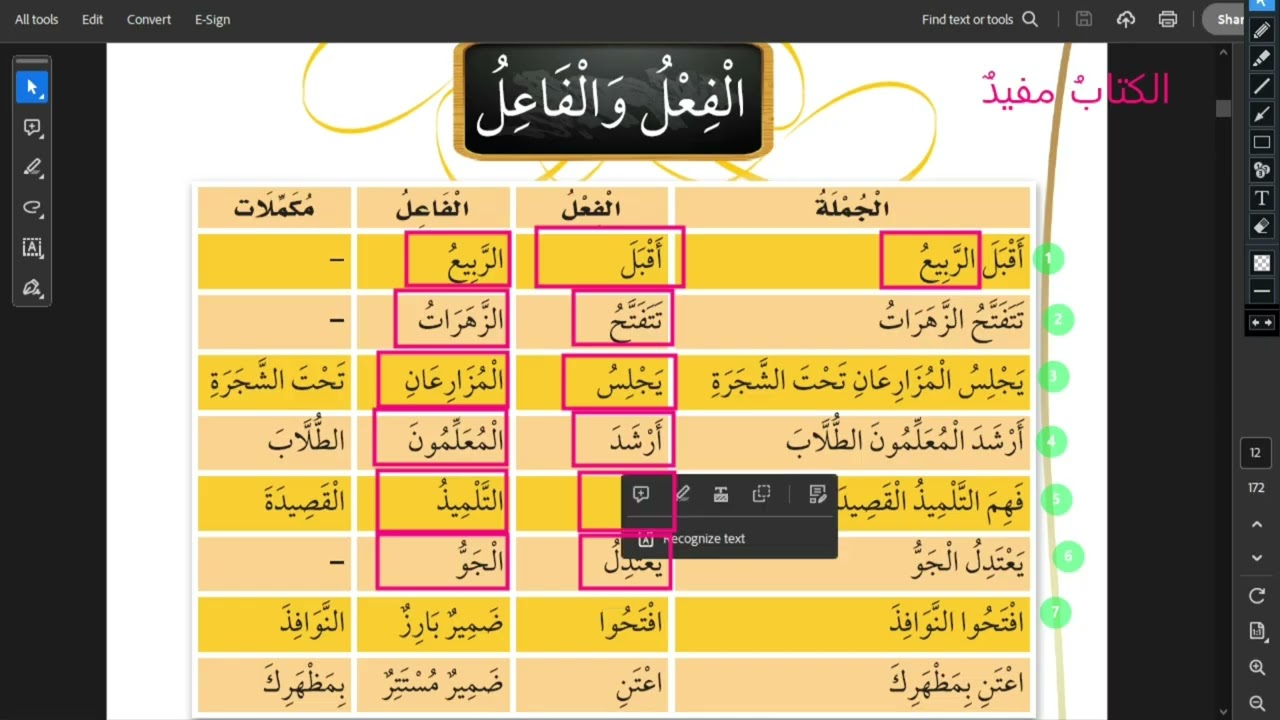 الفعل والفاعل للصف الثامن من مرحلة التعليم الأساسي