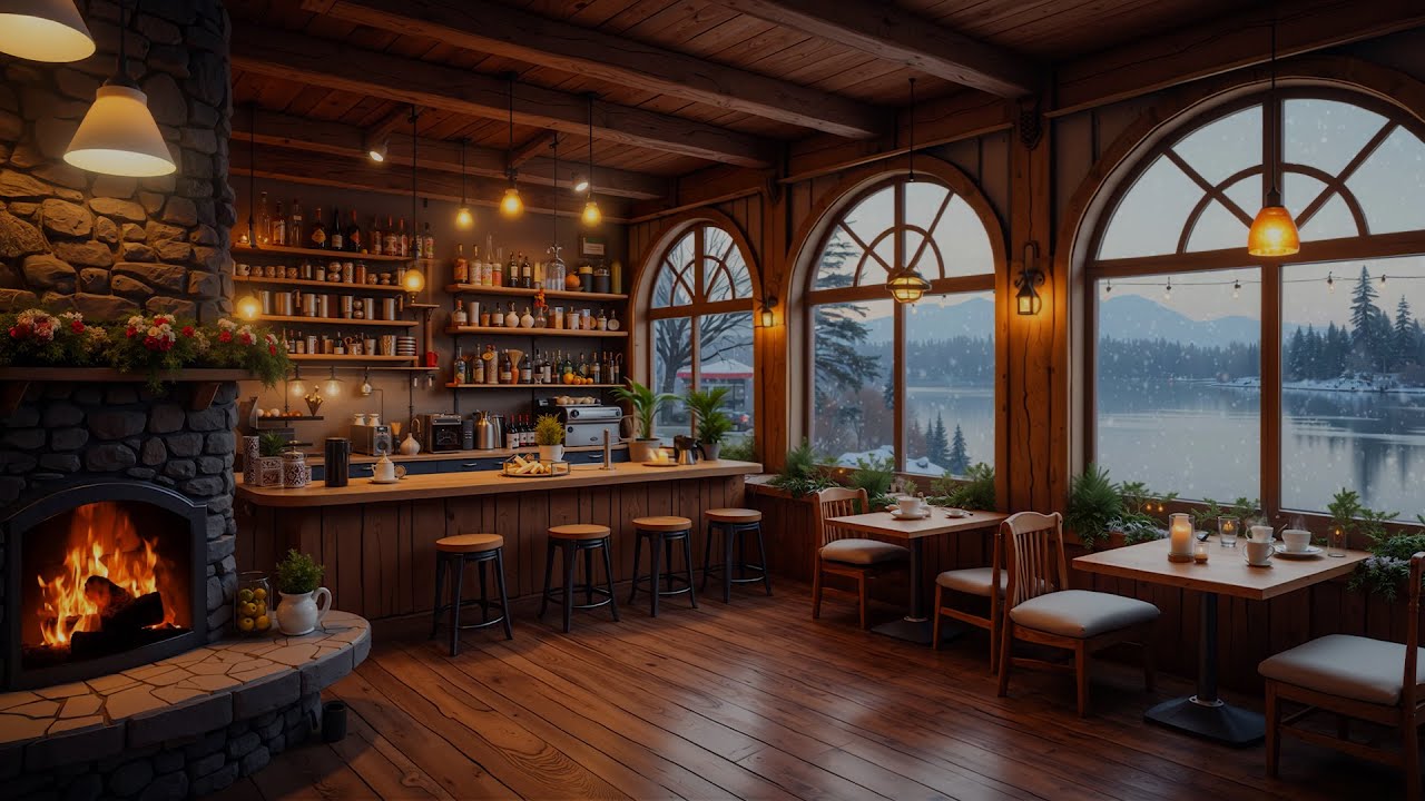 4K Cozy Coffee Shop - Smooth Fireplace Music for Relaxing, Studying and Working